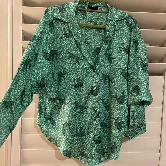 Vico Jaguar Satin Button Down Tie Blouse - Green size small - Picture 2 of 5